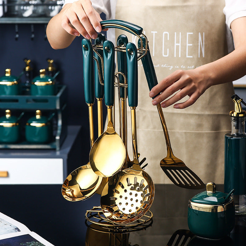 مجموعة أدوات مطبخ من 7 قطع من الفولاذ المقاوم للصدأ والسيليكون، ملعقة مسطحة مشقوقة، مغرفة، ملعقة تقديم، مجموعة أدوات طهي المعكرونة
