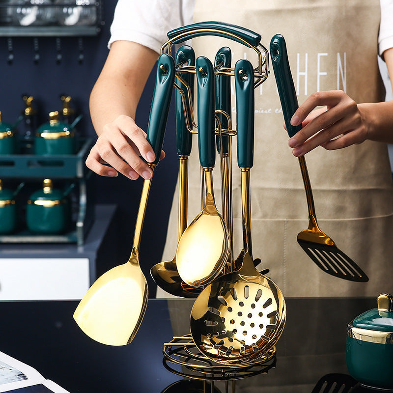 مجموعة أدوات مطبخ من 7 قطع من الفولاذ المقاوم للصدأ والسيليكون، ملعقة مسطحة مشقوقة، مغرفة، ملعقة تقديم، مجموعة أدوات طهي المعكرونة