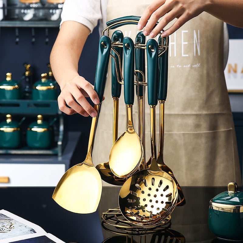 مجموعة أدوات مطبخ من 7 قطع من الفولاذ المقاوم للصدأ والسيليكون، ملعقة مسطحة مشقوقة، مغرفة، ملعقة تقديم، مجموعة أدوات طهي المعكرونة